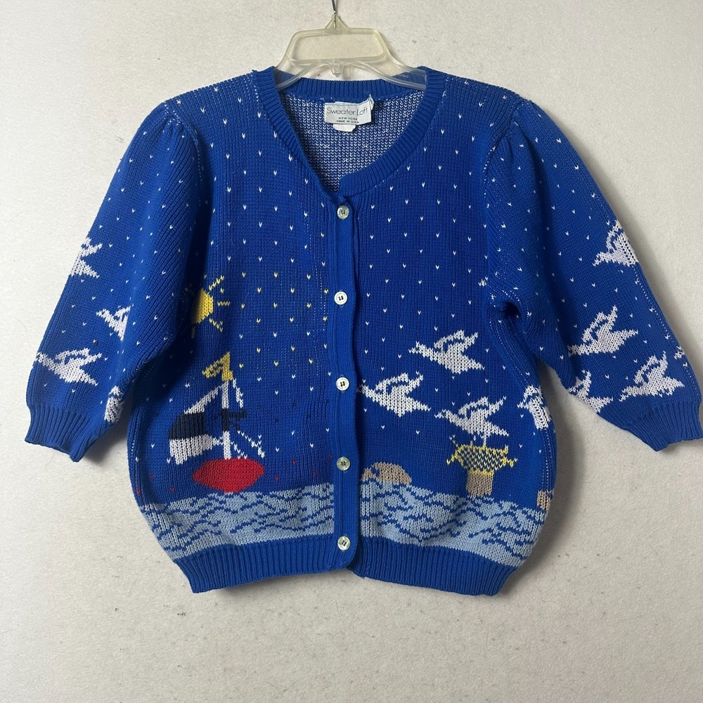 Sweater Loft New York blue sailboat seagull novelty short‎ sleeve cardigan